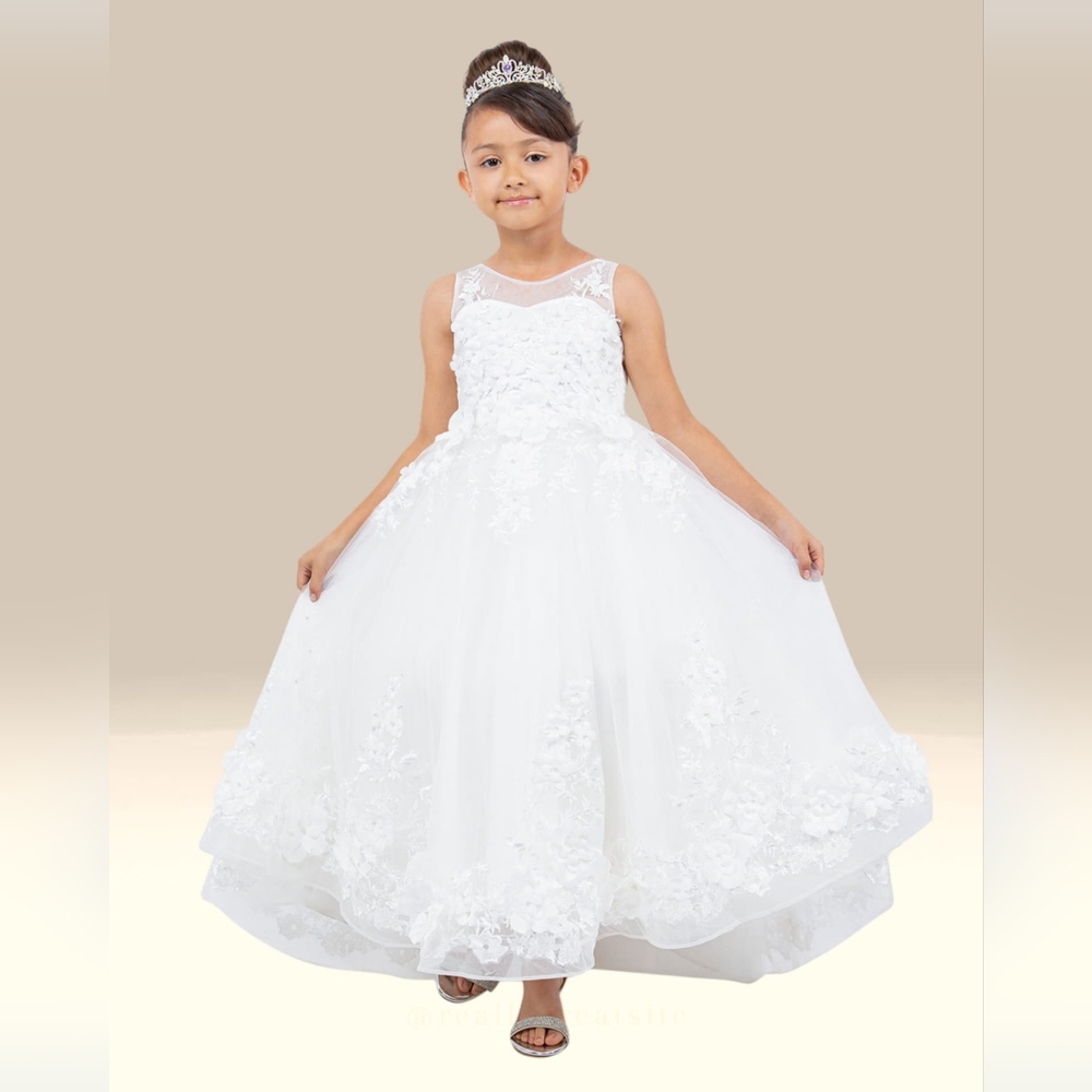 Girls Illusion Tulle Top 3D Flower Sheer Sleeve Dress